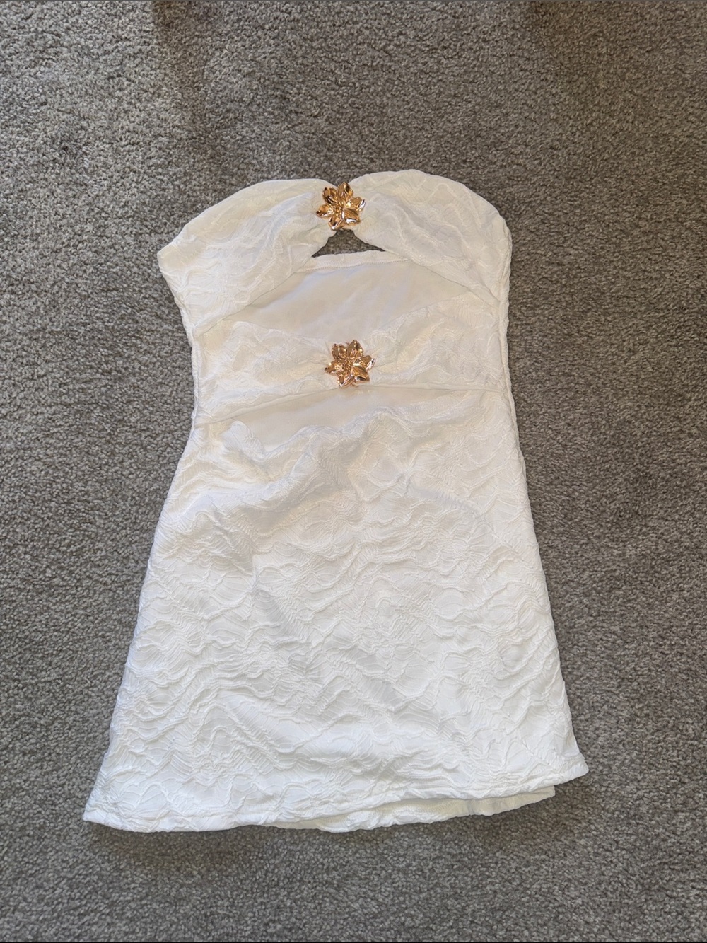 SHEIN White Strapless Lace Mini Dress with Gold Floral Accents